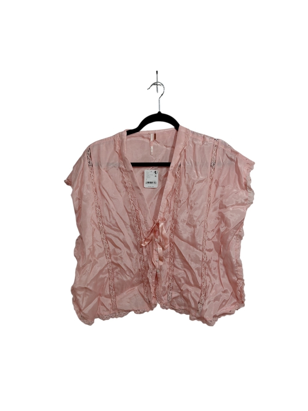 Free People Blush Pink Satin Lace-Trim Short Sleeve Top